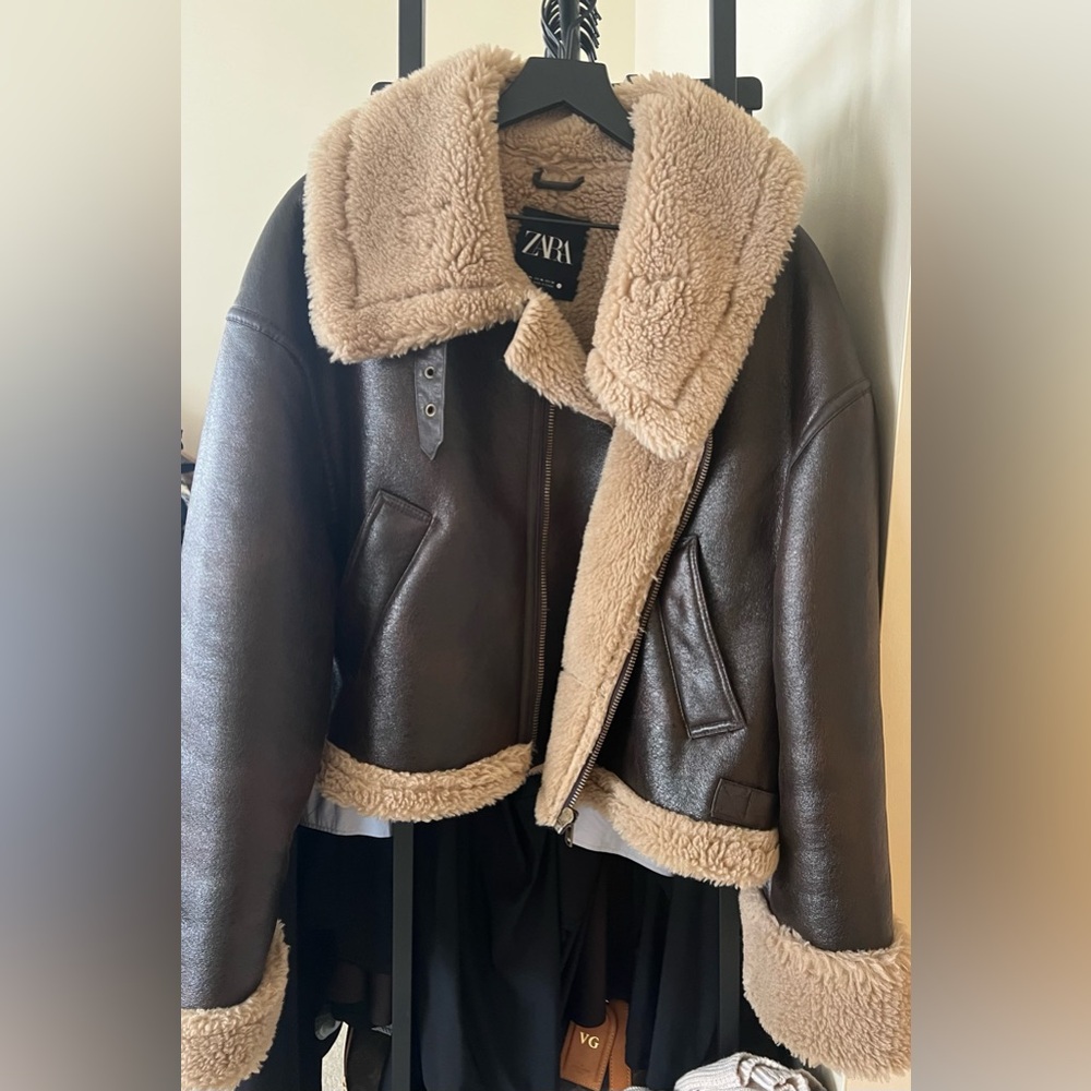 Zara Dark Brown Short Double Faced Jacket with Faux Shearling